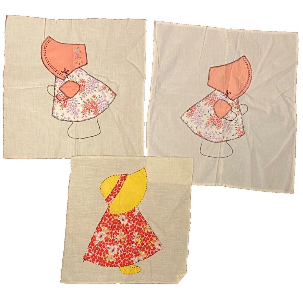 VTG Quilted Pillow Fabric Squares Floral Bonnet Girl Holly Hobbie Style Pink Red